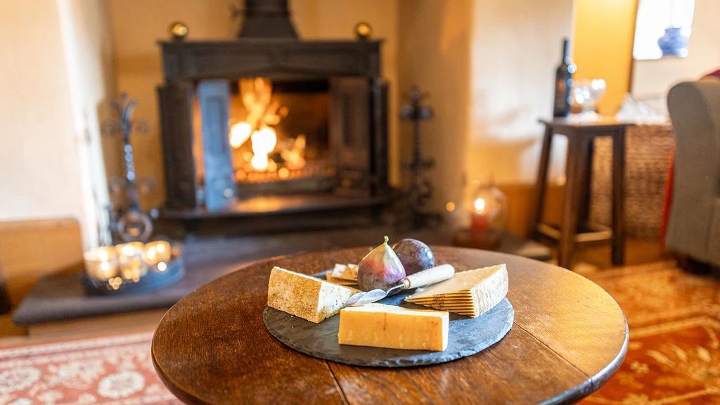 Log burner with cheese and figs in the foreground