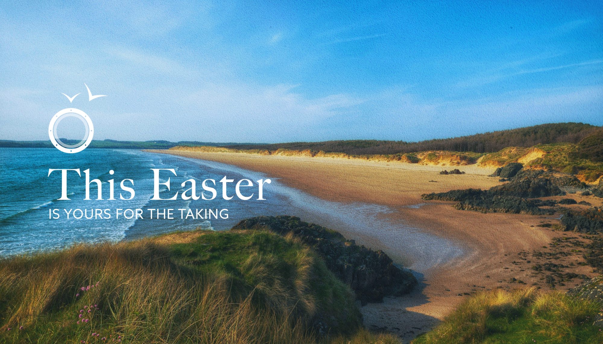 Sunny beach scene with text overlay "This Easter is yours for the taking"